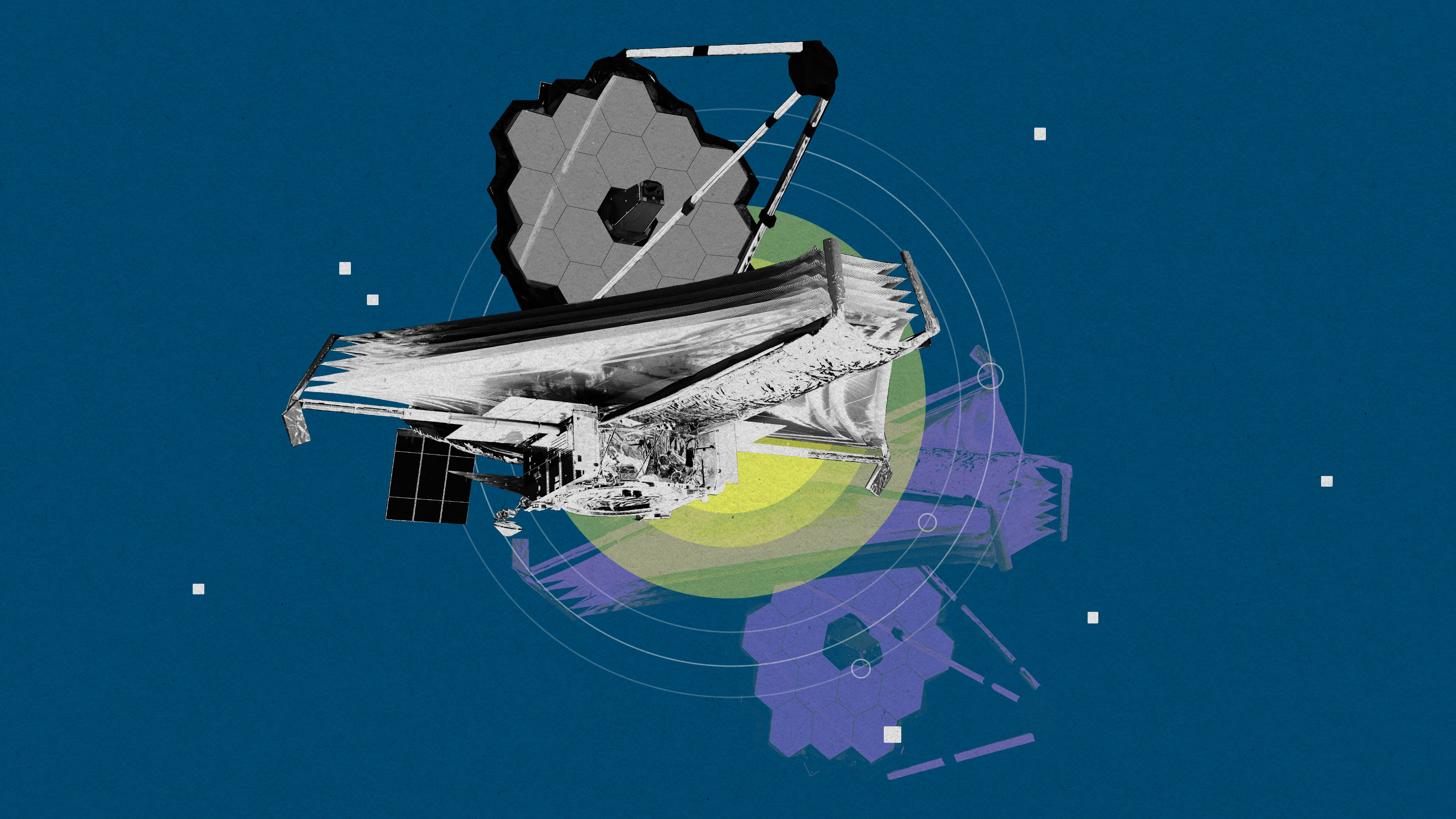 JWST flotando sobre un modelo estilizado del sistema solar con un gemelo púrpura debajo.