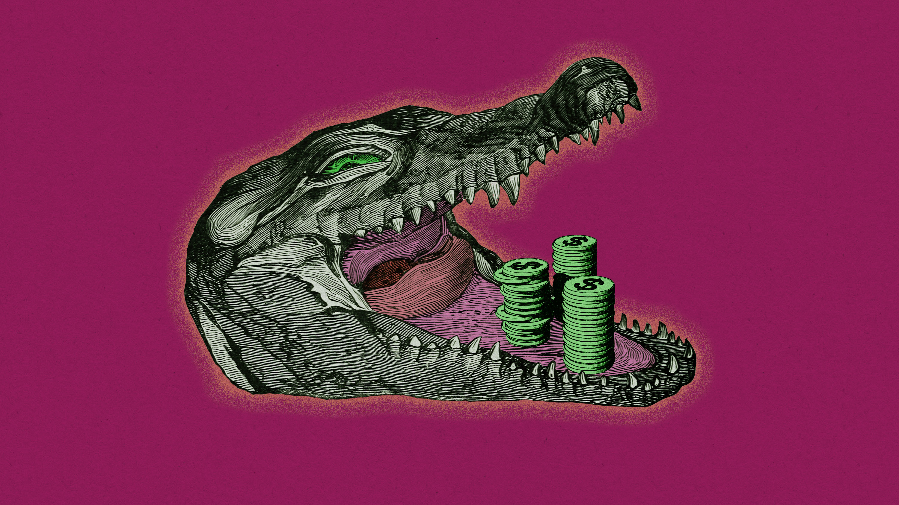 la cabeza de un cocodrilo resplandeciente con montones de monedas en la boca abierta