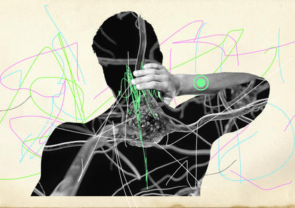silueta de una persona con una imagen de neuronas en su interior. La figura está rodeada de líneas onduladas y tiene una mancha circular en el antebrazo que se extiende hacia atrás, hacia la posición del nervio vago