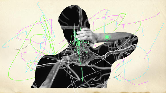 silueta de una persona con una imagen de neuronas en su interior. La figura está rodeada de líneas onduladas y tiene una mancha circular en el antebrazo que se extiende hacia atrás, hacia la posición del nervio vago