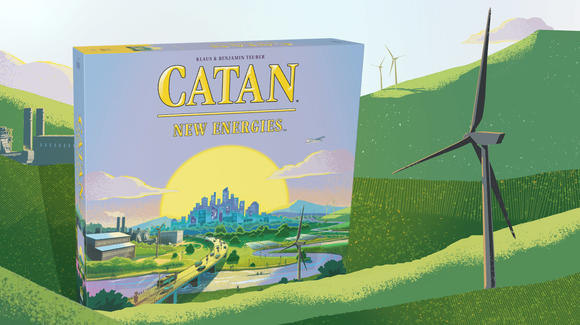 Caja del juego Catan New Energies en un paisaje con verdes colinas y molinos de viento